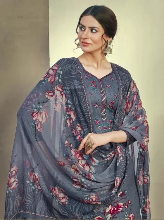 Unstitched Grey Cotton Embroidery Suits Dress Material