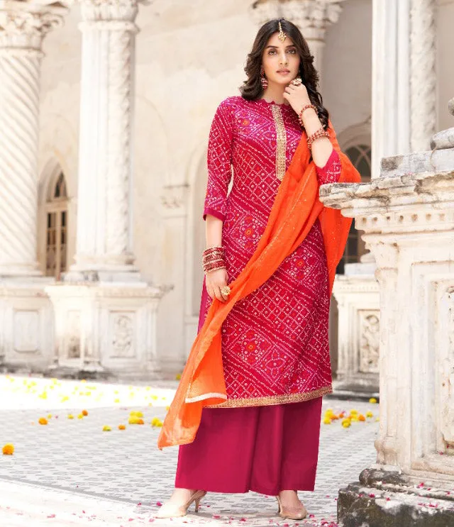 Unstitched Pink Foil Print With Kasab Embroidery Palazzo Style Suit