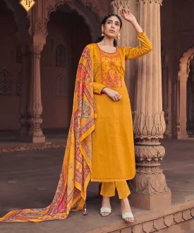 Unstitched Yellow Jam Satin Printed Dress Material With Embroidery