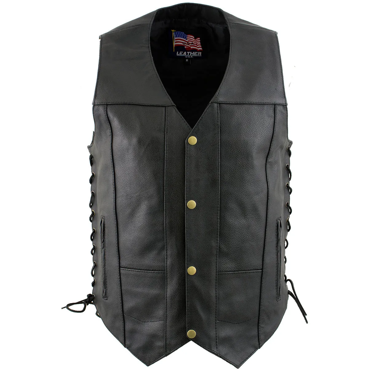 USA Leather 1204 Men's Black 'Dime' Classic Leather Ten Pocket Motorcycle Biker Vest with Side Laces