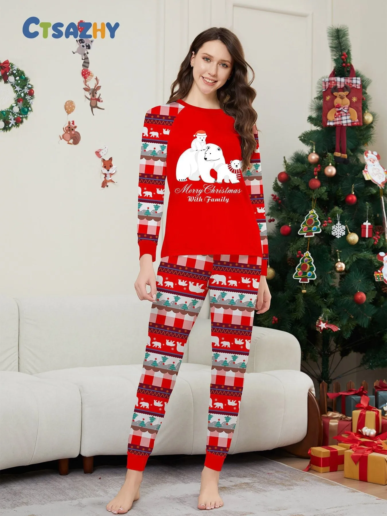 White Polar Bear Printed Family Matching Christmas Pajamas Sets