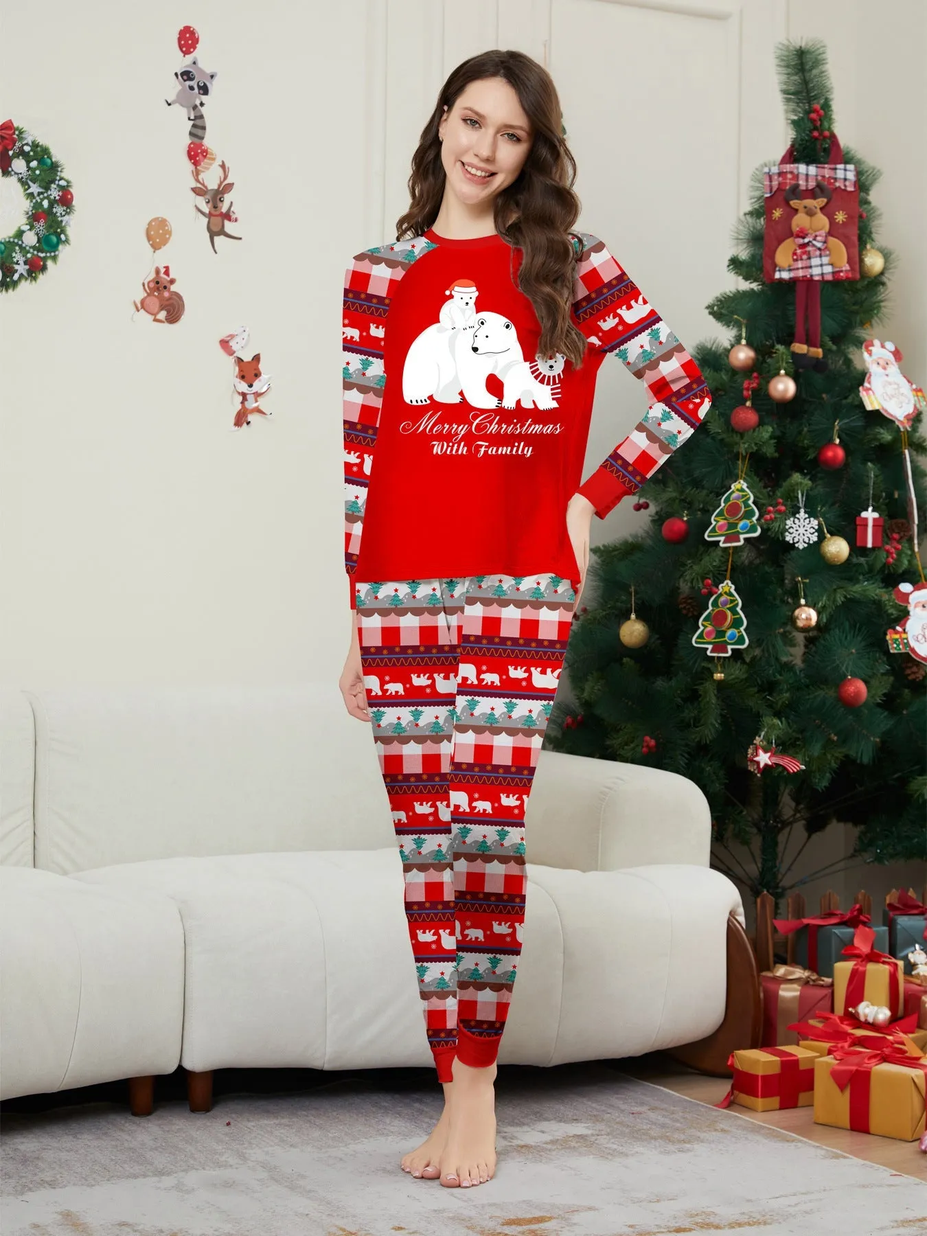 White Polar Bear Printed Family Matching Christmas Pajamas Sets