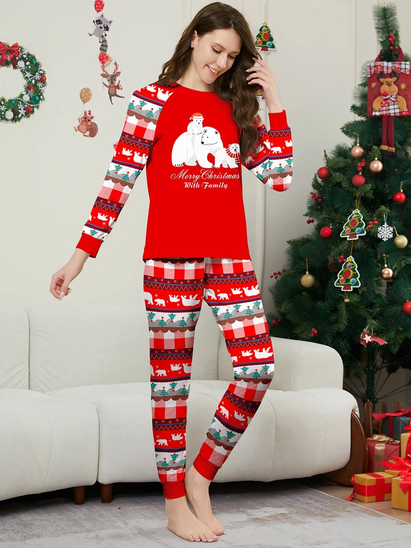 White Polar Bear Printed Family Matching Christmas Pajamas Sets