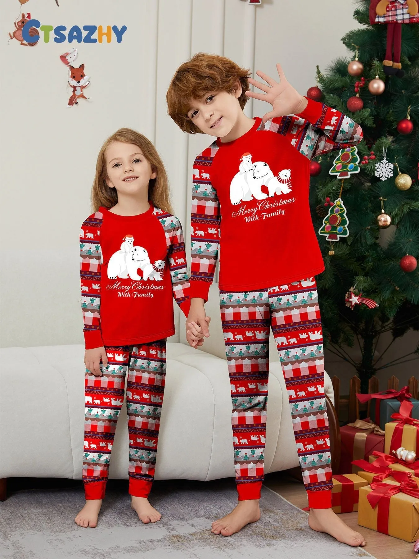 White Polar Bear Printed Family Matching Christmas Pajamas Sets