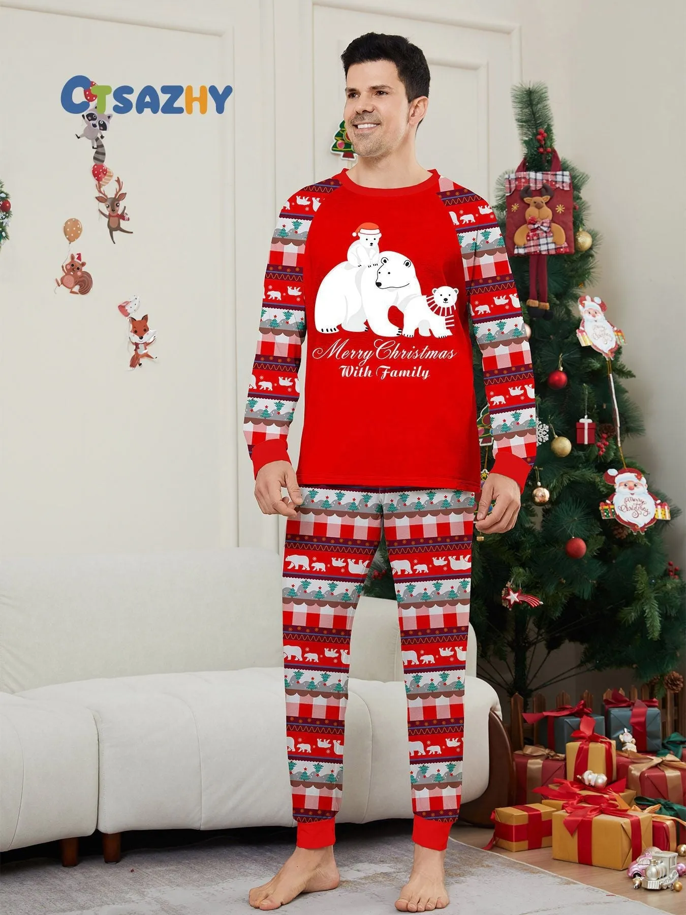 White Polar Bear Printed Family Matching Christmas Pajamas Sets