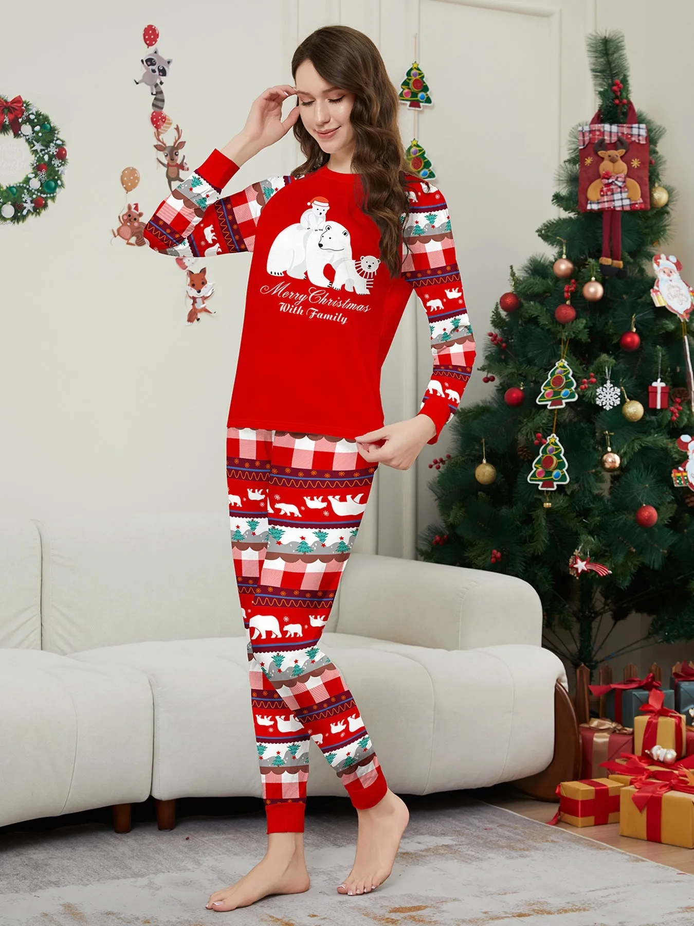 White Polar Bear Printed Family Matching Christmas Pajamas Sets