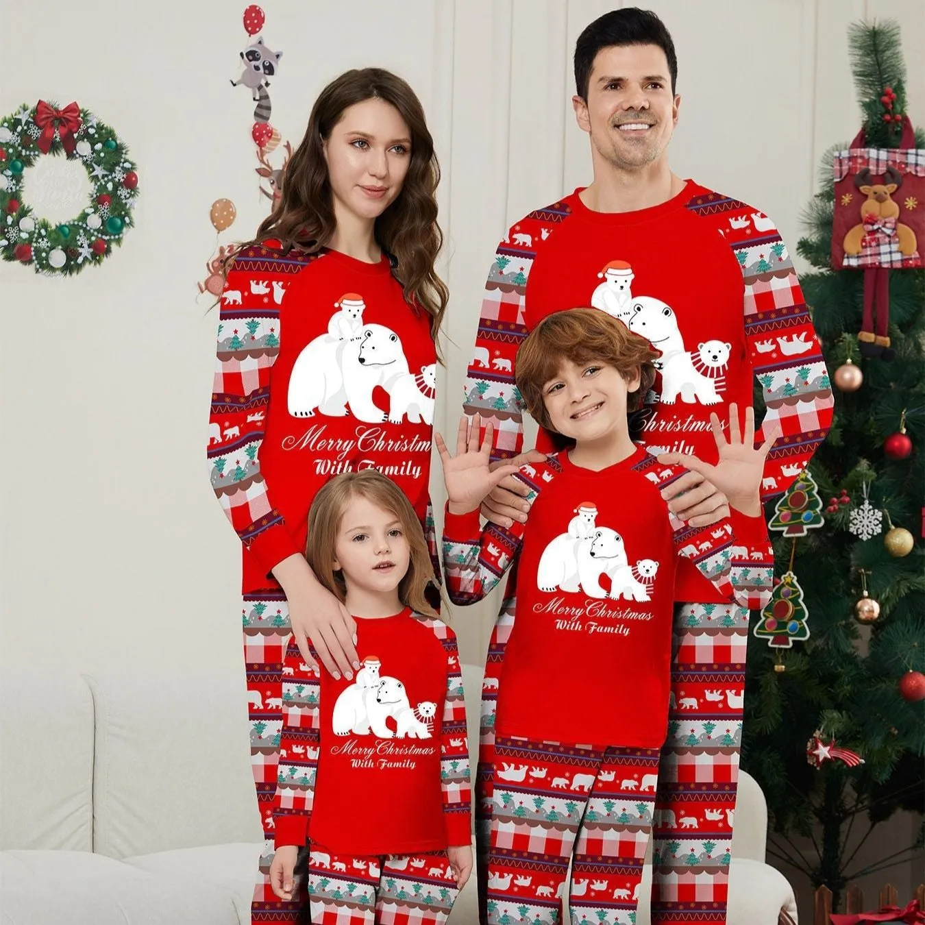 White Polar Bear Printed Family Matching Christmas Pajamas Sets