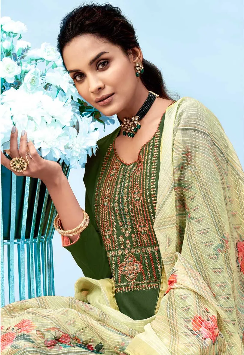 Women Dark Green Cotton Unstitched Suit Material with Embroidery