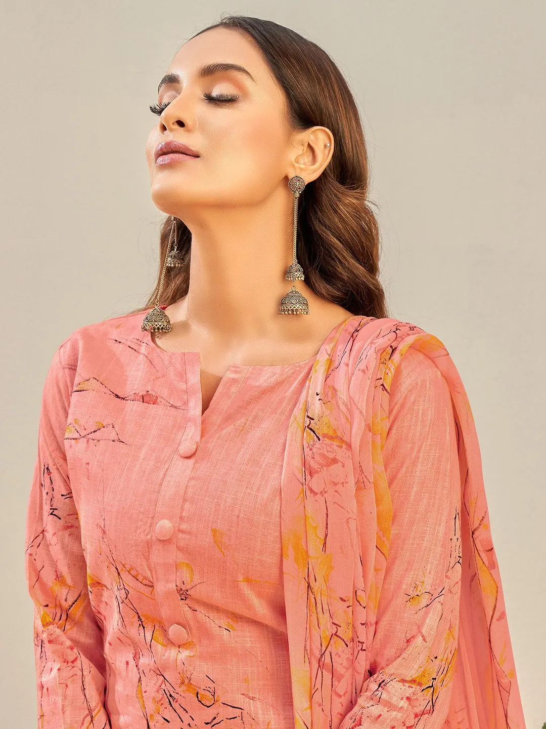 Women's Cotton Linen Pink Unstitched Suit With Chiffon Dupatta