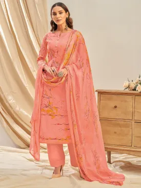 Women's Cotton Linen Pink Unstitched Suit With Chiffon Dupatta