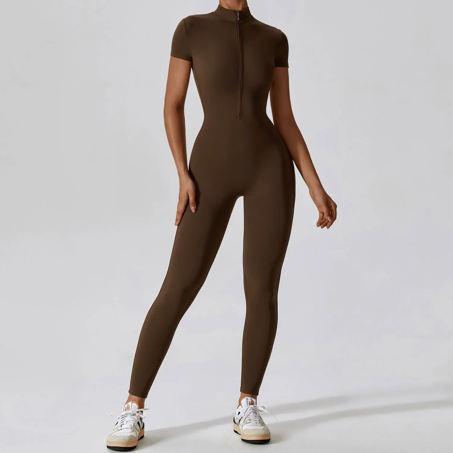 Zipper Short Sleeve Nude Feel Yoga Jumpsuit